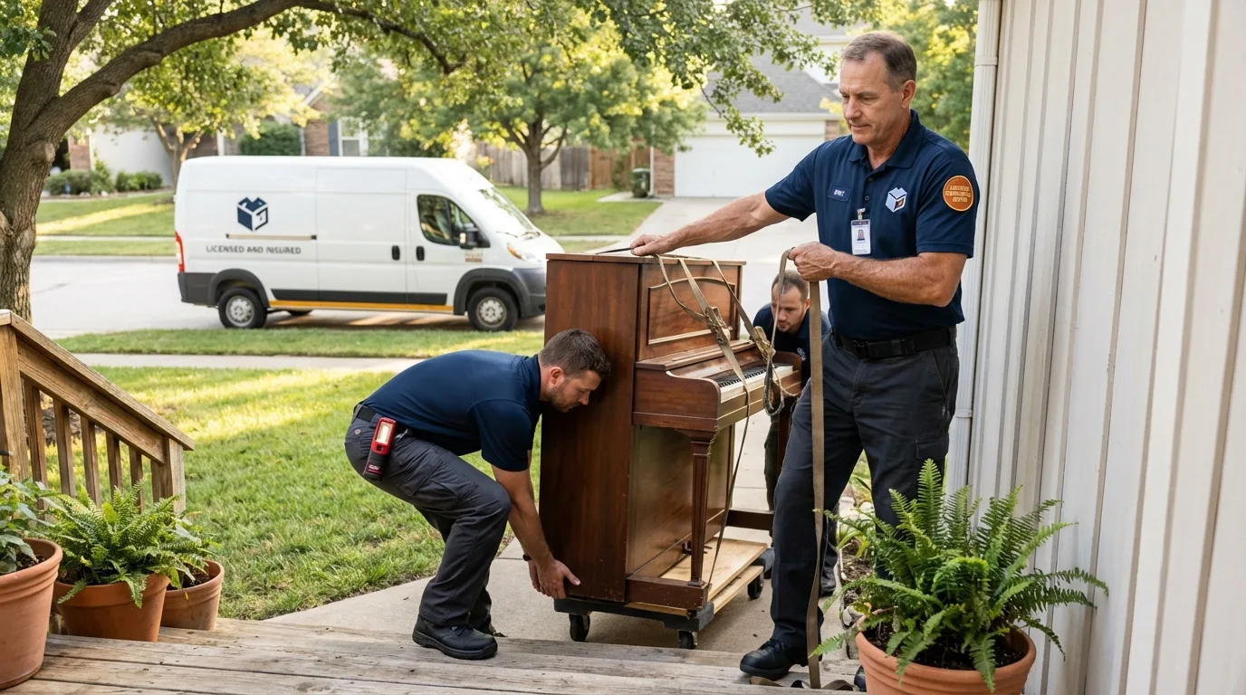 Licensed piano movers securing grand piano in De Graff, OH