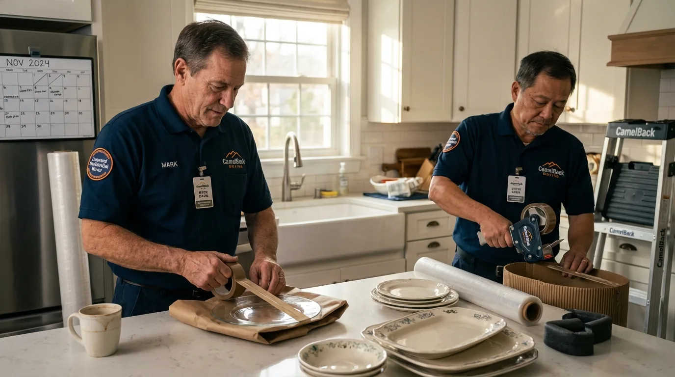 Professional crew packing kitchen dishware in De Graff, OH